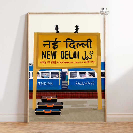 Hand-painted artwork of New Delhi Railway Station signboard with Hindi, English, and Urdu script.