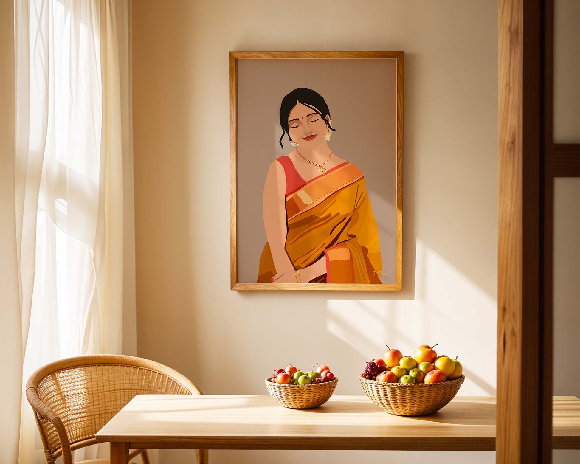 Indian ethnic art featuring a woman in an orange saree with gold jewelry