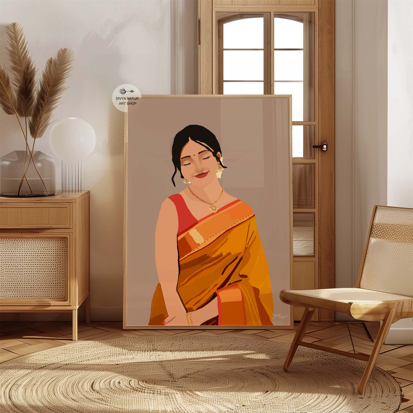 Hand-illustrated Indian woman in orange saree, perfect for ethnic home decor