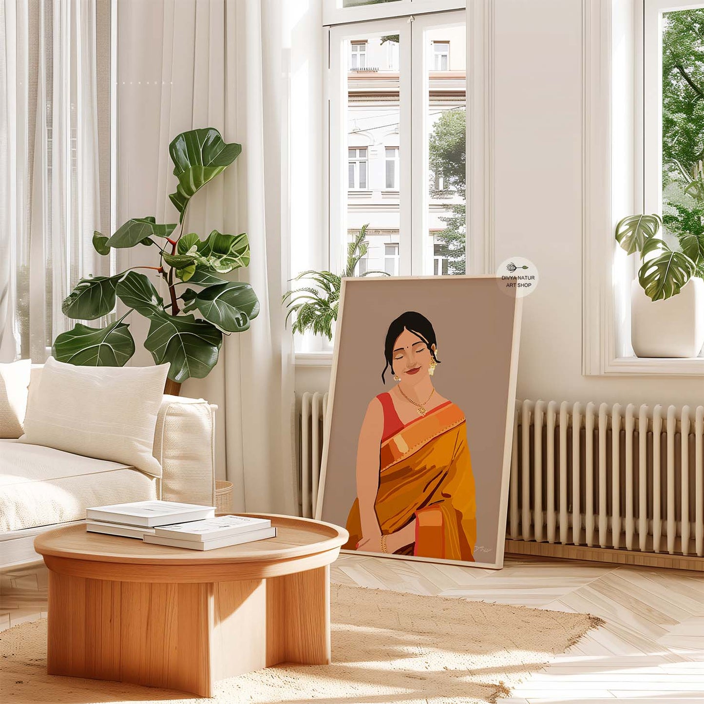 Minimalist digital painting of a woman in an orange saree and traditional attire