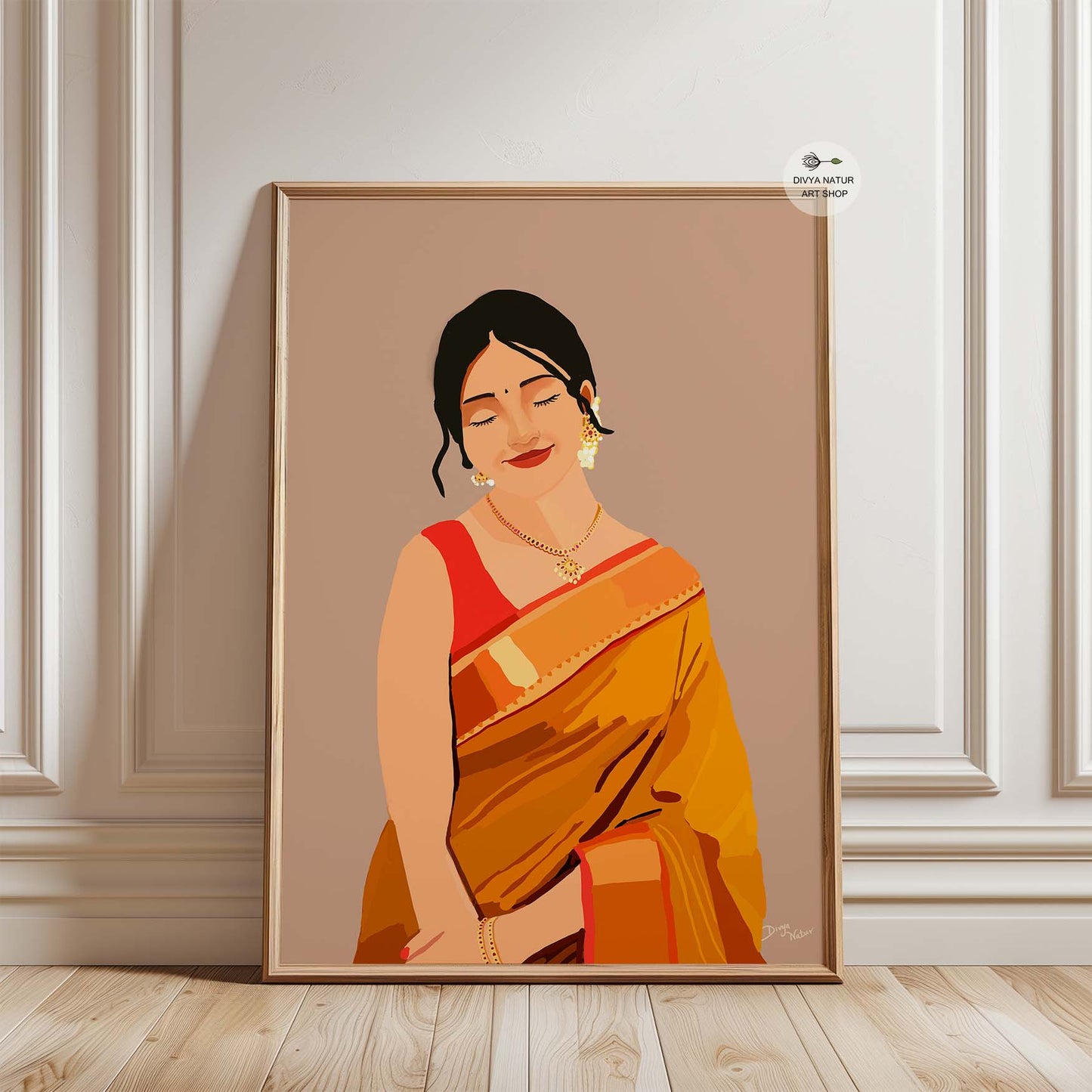 Indian woman art in orange saree, downloadable wall art for modern homes