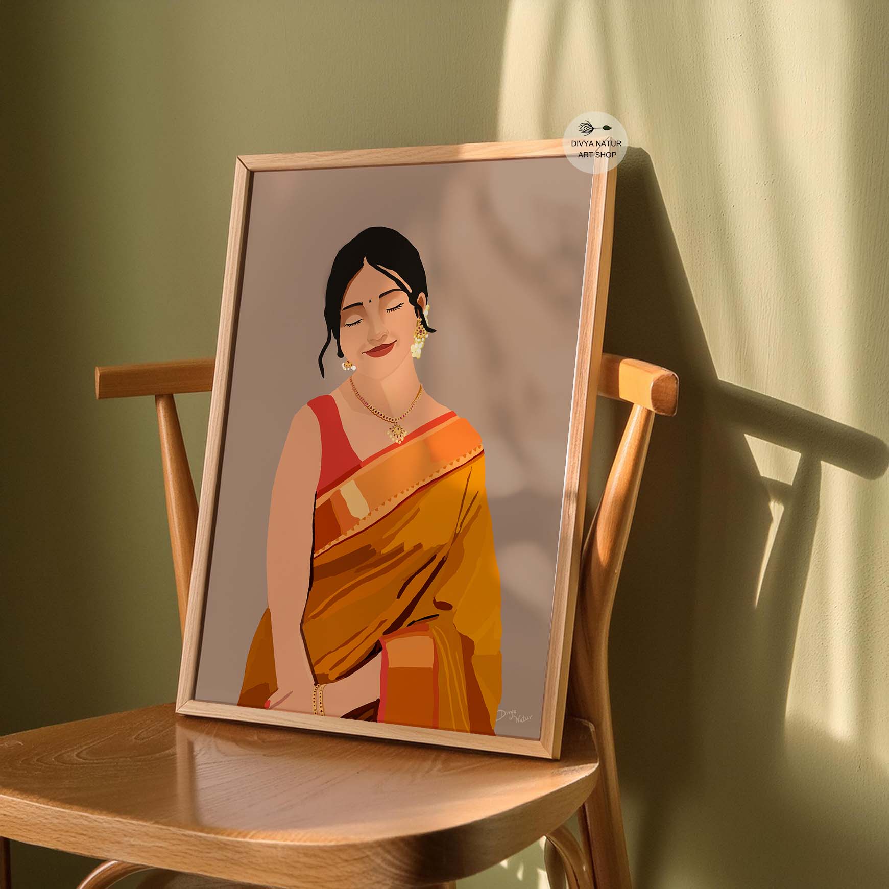 Artwork of an Indian woman in orange saree and gold accessories, cultural home decor