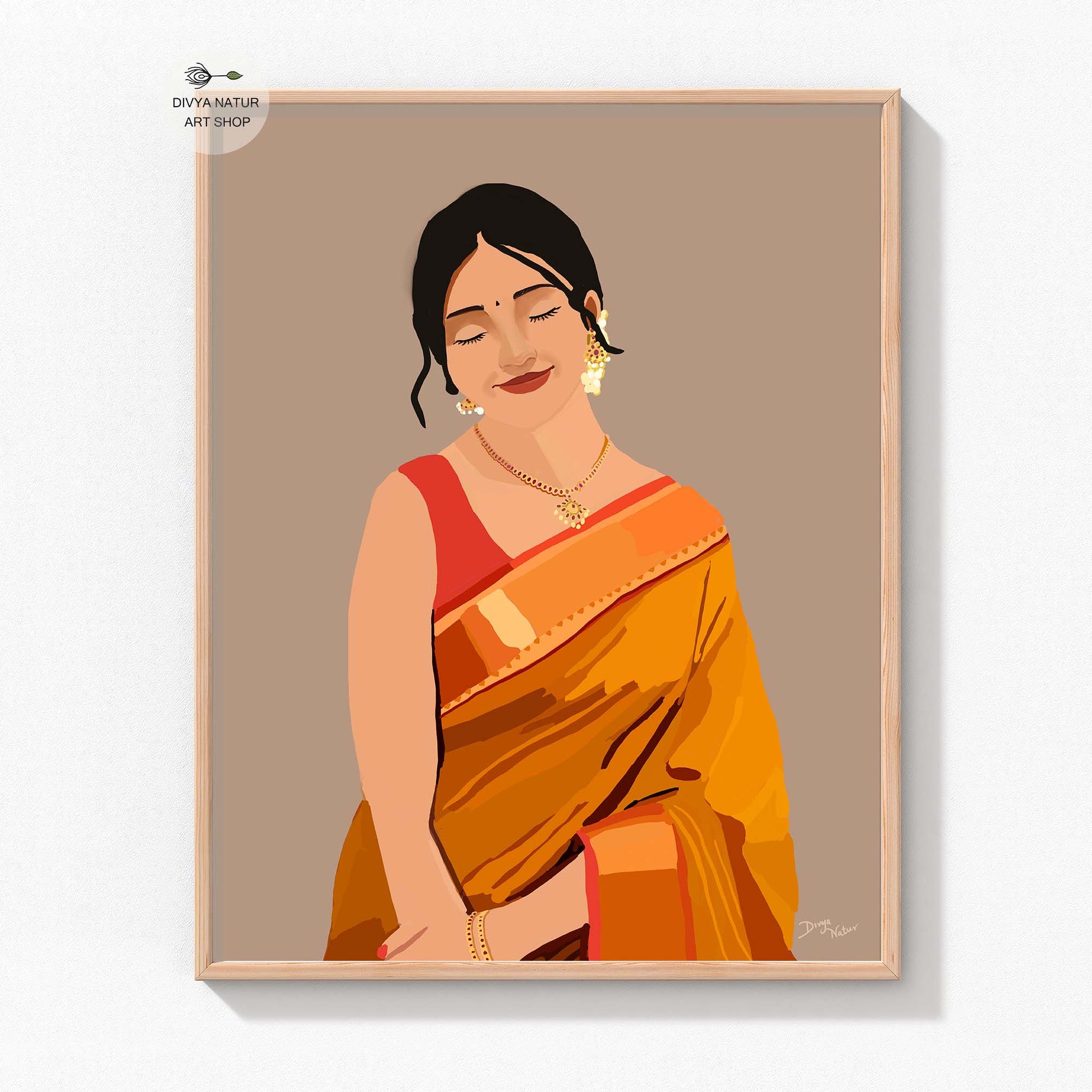 Digital download painting of a traditional Indian woman in orange saree and gold earrings