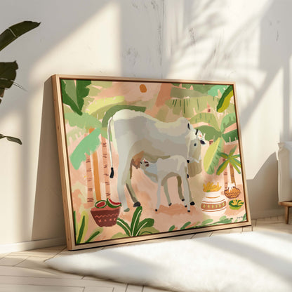 Cow and calf in soft pastel tones, perfect for meditation spaces.