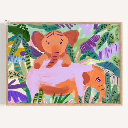 Two playful baby elephants in a vibrant jungle painting, perfect for nursery decor.