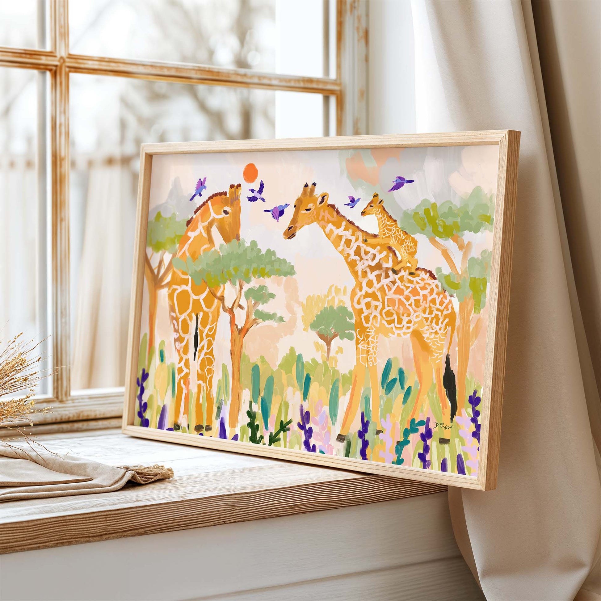 Lush African savannah with a giraffe family and playful baby giraffe.