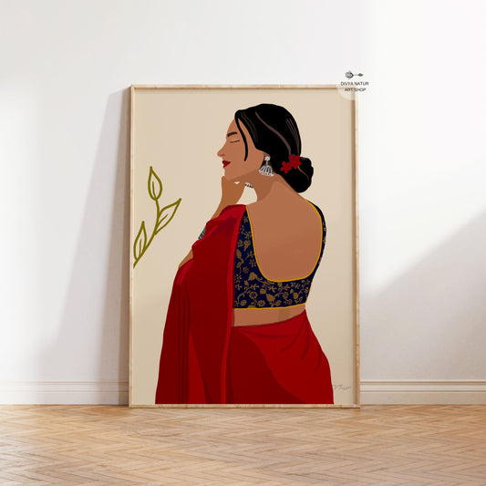 Art print of a woman in a red saree and navy blue blouse, facing sideways.