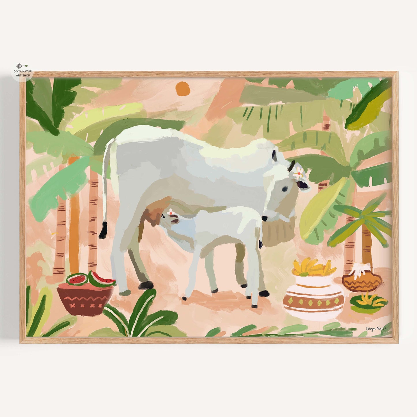 Hand-made digital artwork of a cow and calf in a serene tropical setting.