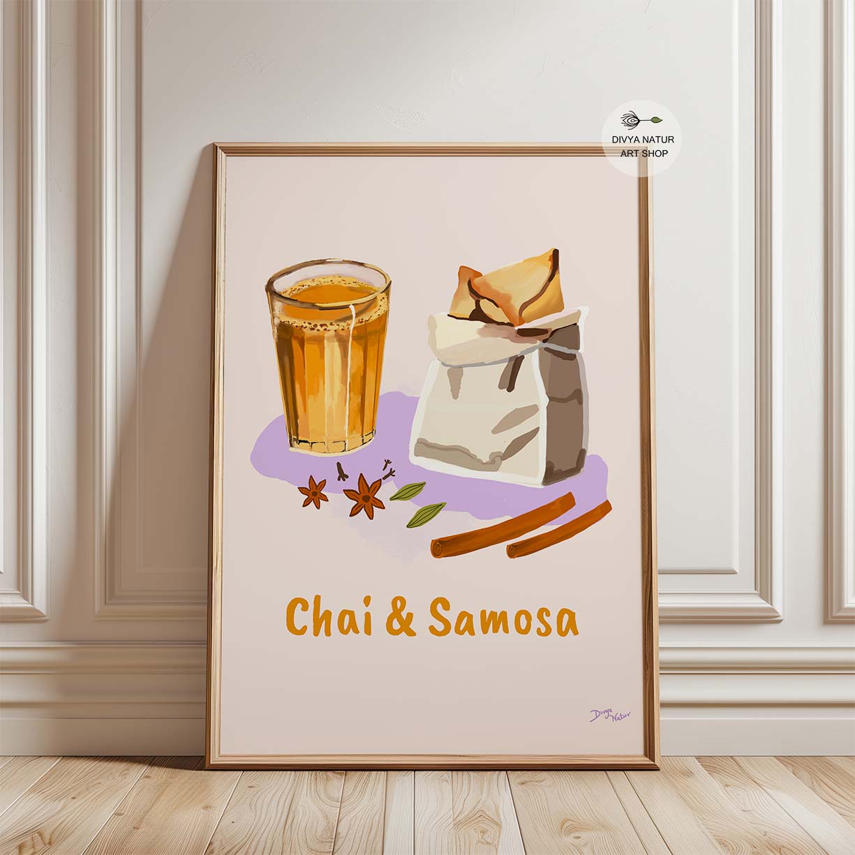 Digital art depicting an Indian chai break with a detailed drawing of chai and samosa