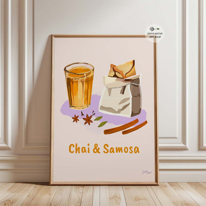 Digital art depicting an Indian chai break with a detailed drawing of chai and samosa