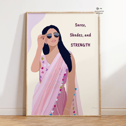 Empowered woman in a pink saree and sunglasses, exuding confidence and style.