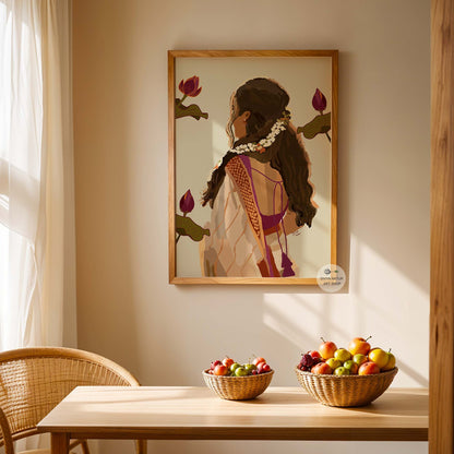 Elegant bohemian wall art of a South Indian woman surrounded by lotus flowers.