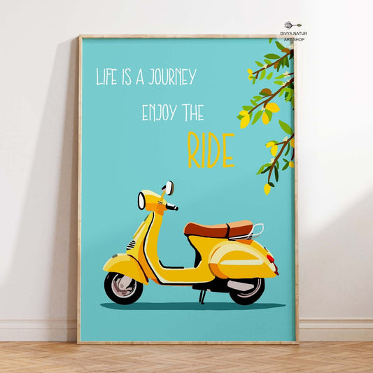 Uplifting yellow Vespa scooter art print for wall decor.