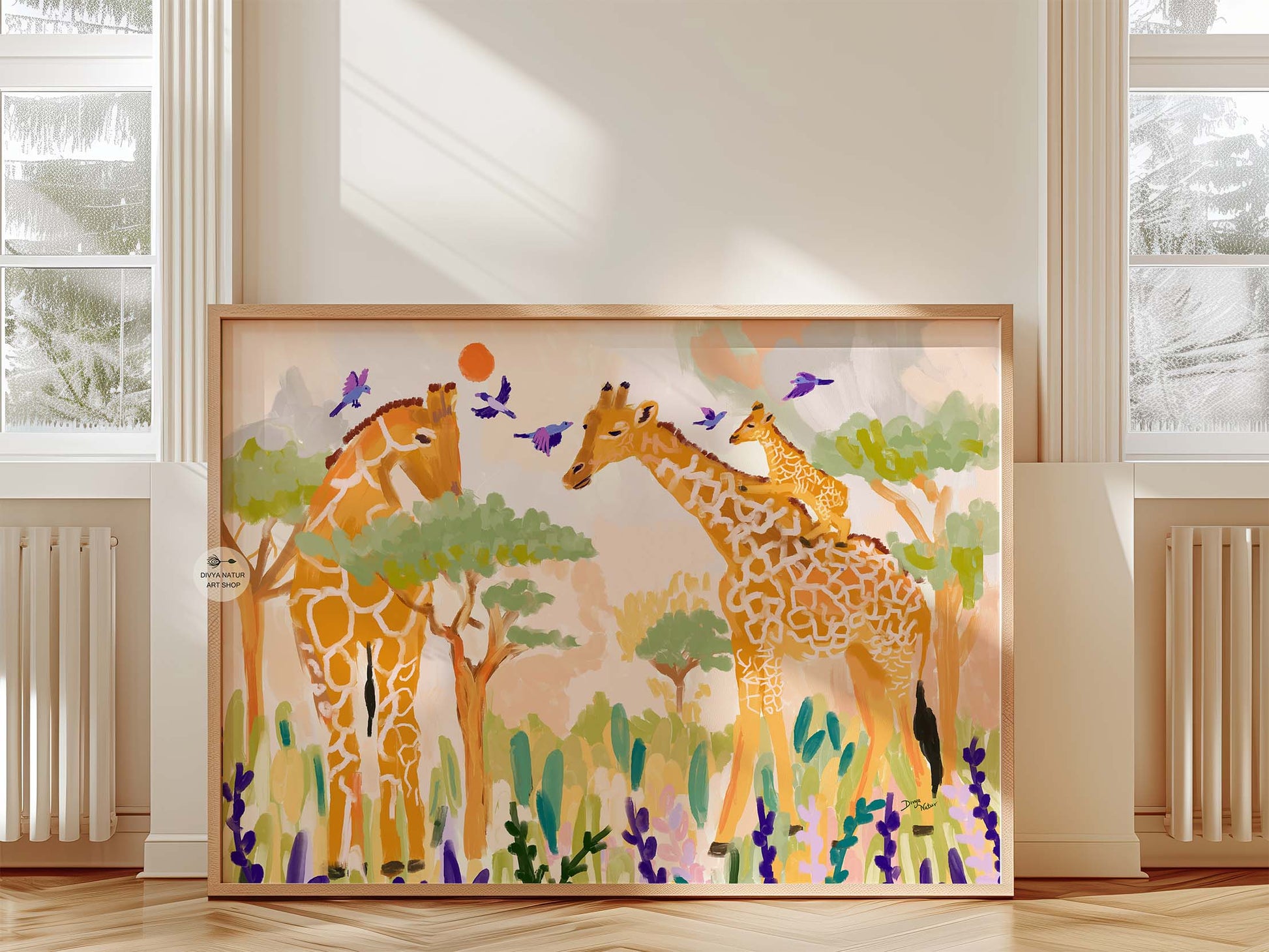 Giraffe family in a serene African landscape with lavender foliage.