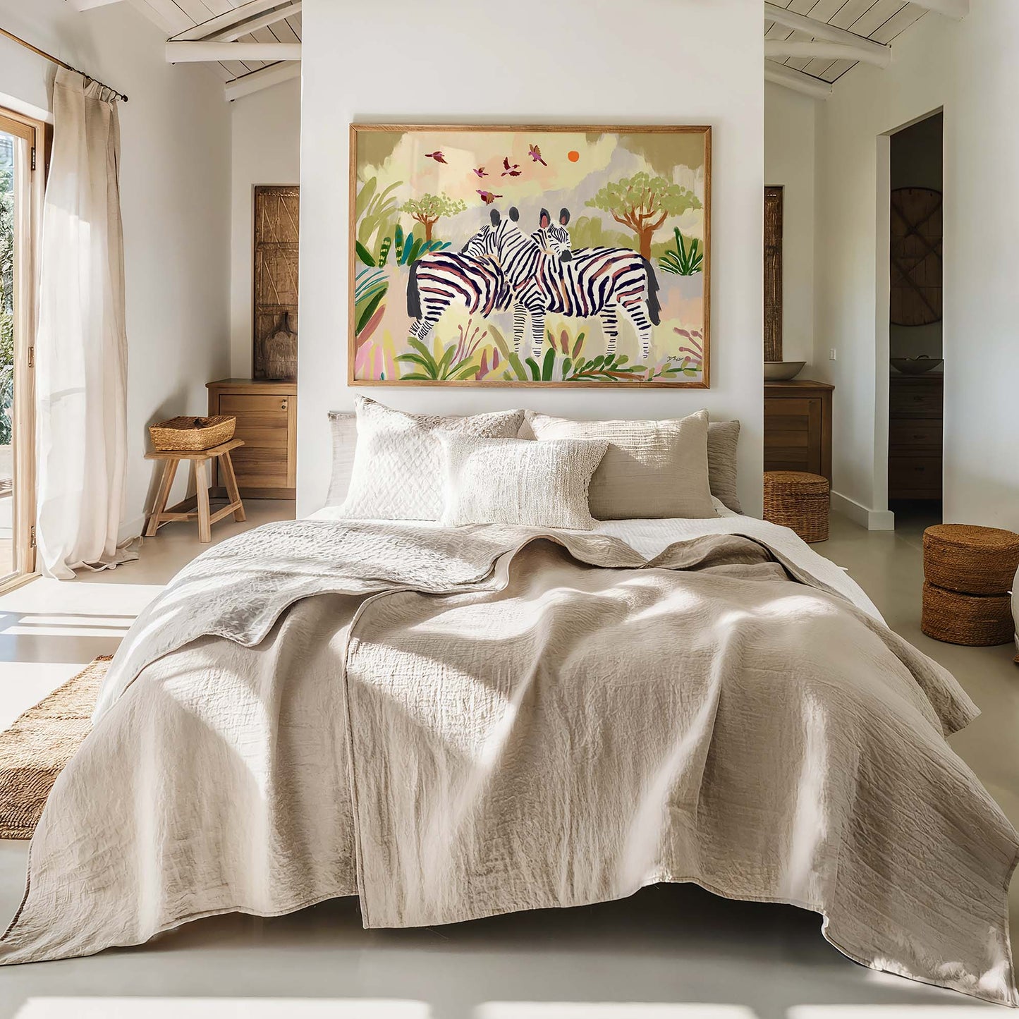 African wildlife art depicting zebras surrounded by lush greenery.