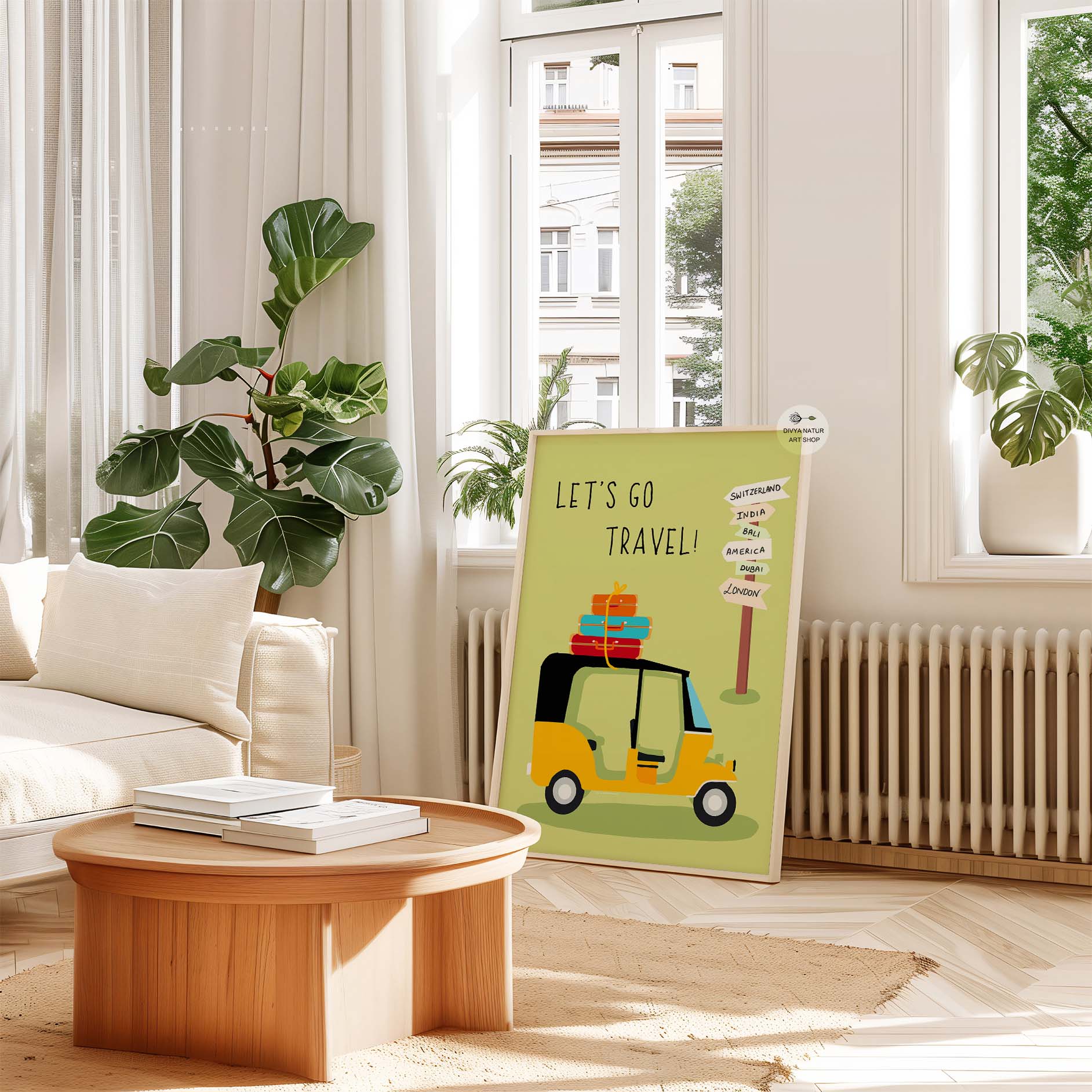 "Let's Go Travel" art print featuring a charming yellow rickshaw.