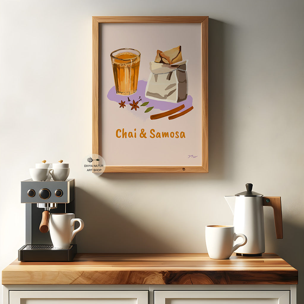 Colorful digital artwork of a cup of chai and a samosa, ideal for tea lovers and kitchen decor.