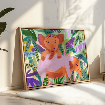 Whimsical animals art featuring baby elephants in lush tropical surroundings.