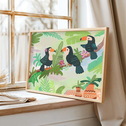 Whimsical jungle art featuring toucans, a colorful and lively addition to any room