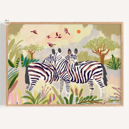 Serene zebra artwork with vibrant foliage and soft pastel tones.